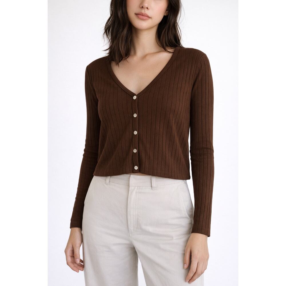$59 New OGLmove Wide Rib V-neck Cardigan - Brown Small